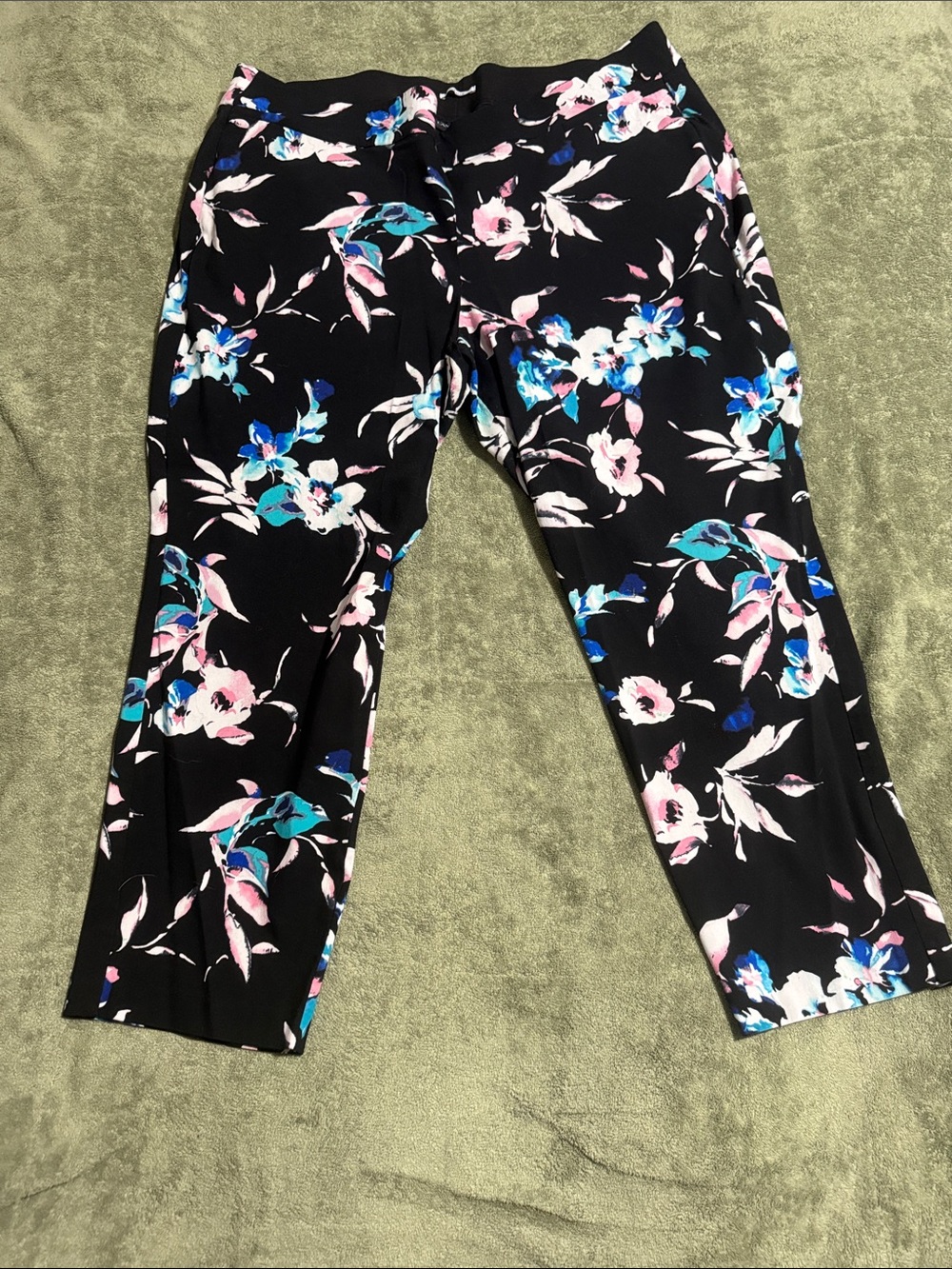 Lane Bryant Black Waistband Pull on Pant with Blue and Pink Floral Print